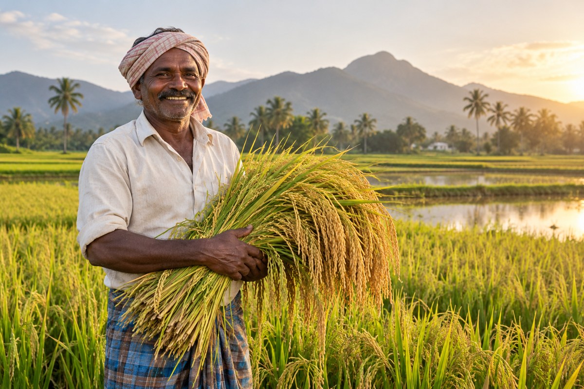 A farmer holding harvested paddy in a lush field