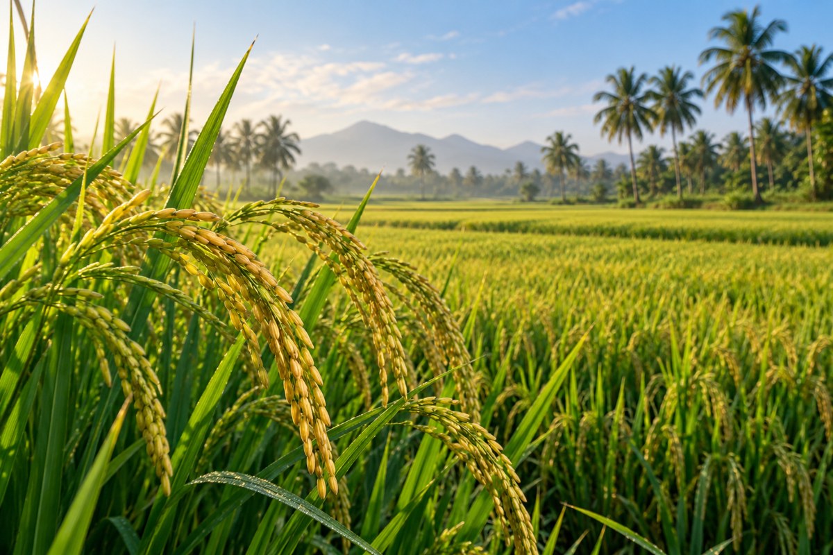 Sunlit paddy fields with golden-green rice panicles